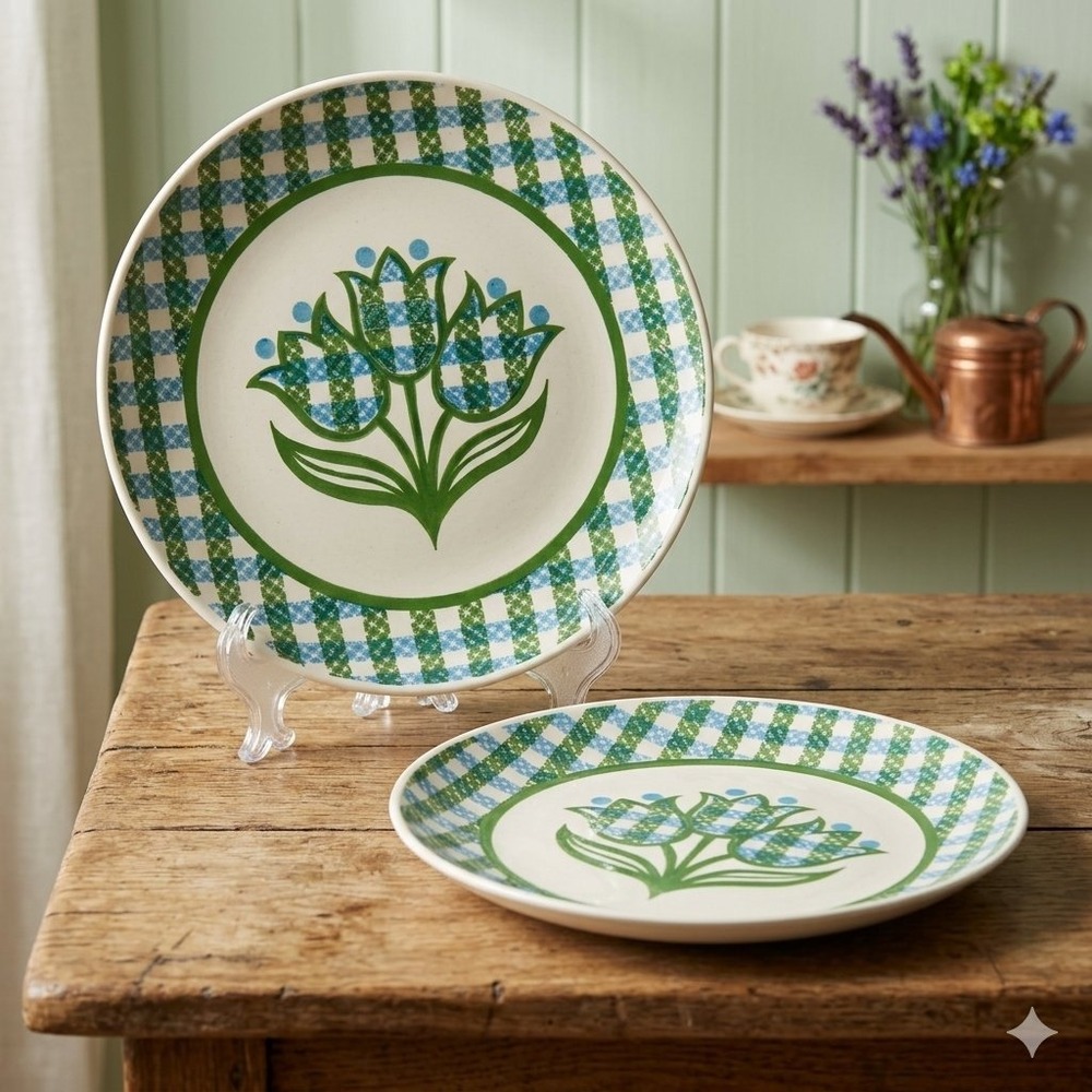 Royal China Dinner Plates (2) 10" Plates Green Cavalier Ironstone Tulip Gingham
